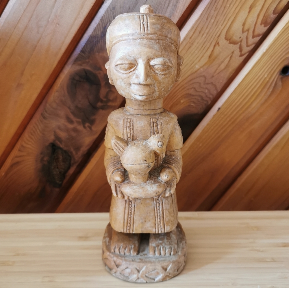 Vintage Hand Carved African Wood Figure Holding Bird Sculpture Folk Art